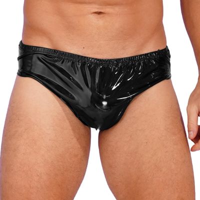 ACSUSS Mens Wet Look Patent Leather Briefs Underwear Clubwear Elastic Waistband Underpants Black Large