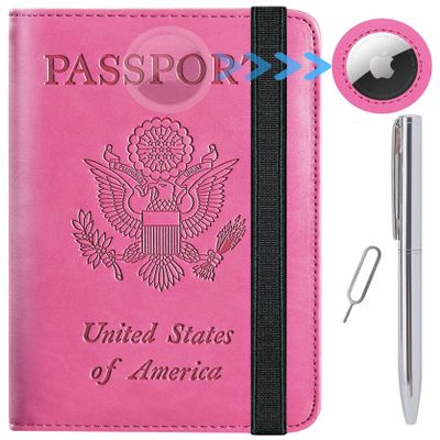 Airtag Passport Holder Cover Wallet Travel Essentials RFID Blocking Leather Card Case International Must Haves Travel Accessories for Women Men(119#Pink)