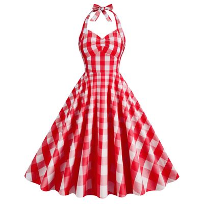 1950s Dresses for Women Vintage Polka Dot Halter 1950s Retro Dresses for Women Vintage Cocktail Dress Sleeveless Backless Flared A Line Dresses Rockabilly Dresses Halter Neck Plaid Dress Red XXL