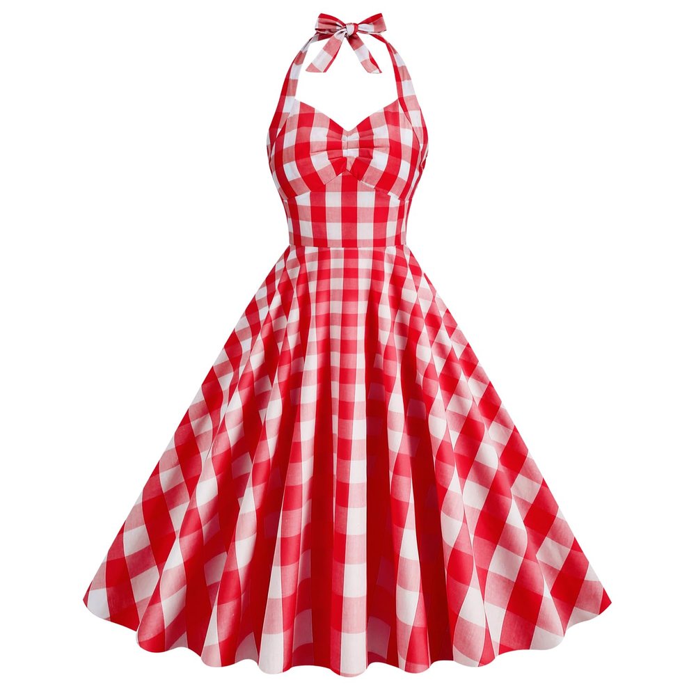 1950s Dresses for Women Vintage Polka Dot Halter 1950s Retro Dresses for Women Vintage Cocktail Dress Sleeveless Backless Flared A Line Dresses Rockabilly Dresses Halter Neck Plaid Dress Red XXL