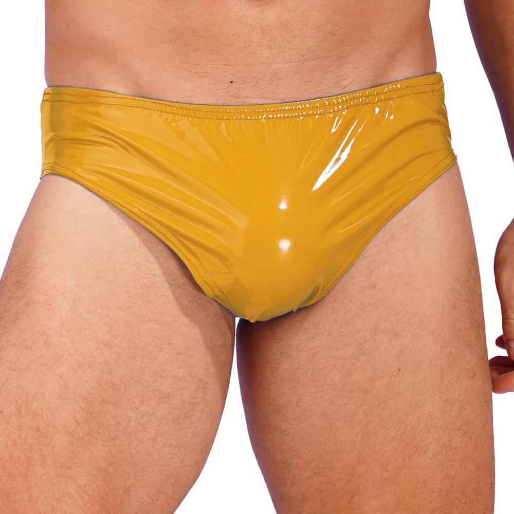 ACSUSS Mens Wet Look Patent Leather Briefs Underwear Clubwear Elastic Waistband Underpants Yellow Large