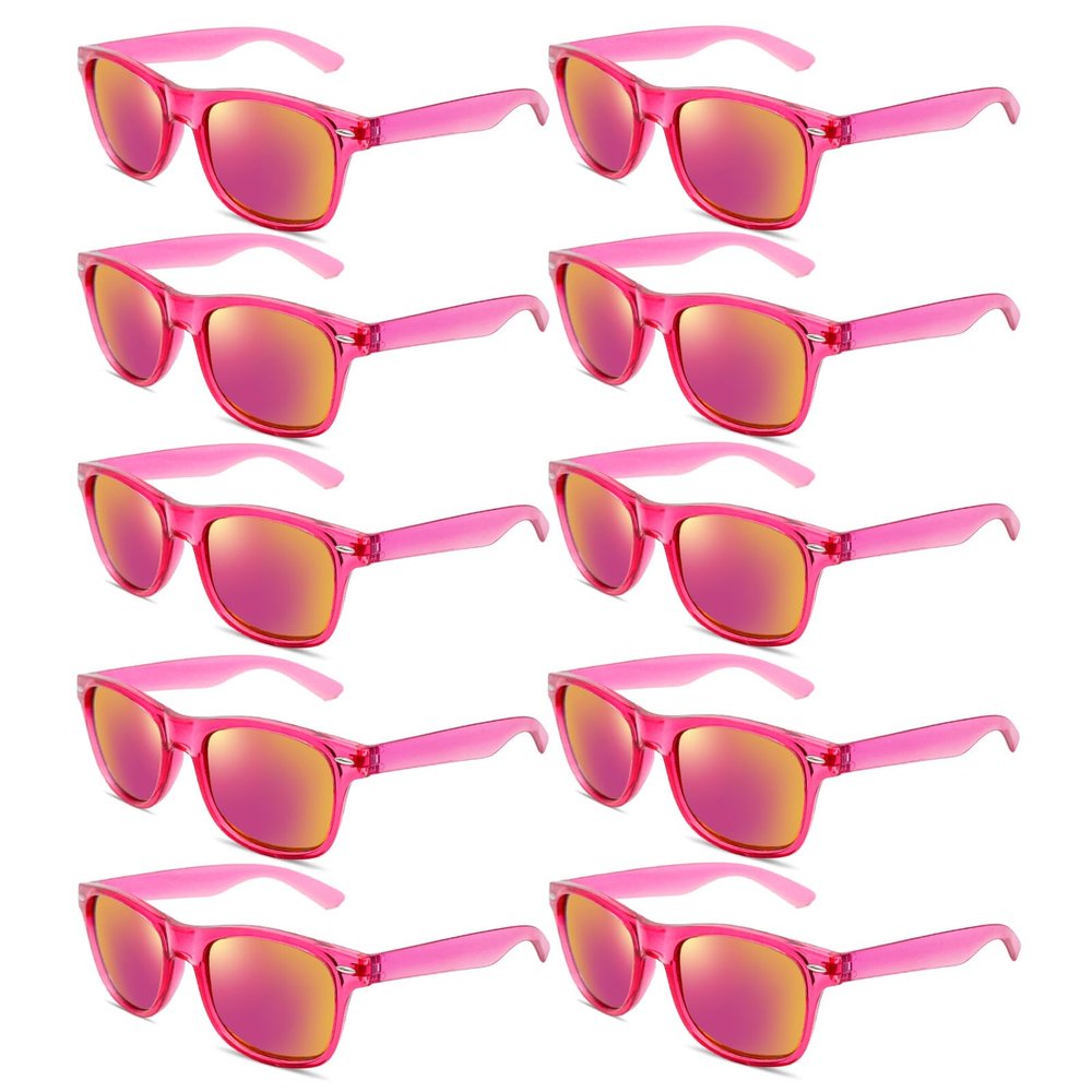 10 Pack Hot Pink Sunglasses Bulk, 80s Retro Neon Colors Mirror Sunglasses Party Favors Set