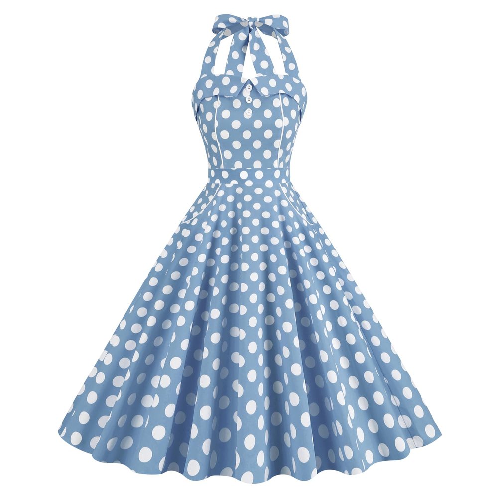 1950s Dresses for Women Vintage Polka Dot Halter 1950s Retro Dresses for Women Vintage Cocktail Dress Sleeveless Backless Flared A Line Dresses Rockabilly Dresses Halter Neck Blue Dress Polka Dot XXL