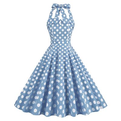 1950s Dresses for Women Vintage Polka Dot Halter 1950s Retro Dresses for Women Vintage Cocktail Dress Sleeveless Backless Flared A Line Dresses Rockabilly Dresses Halter Neck Blue Dress Polka Dot M