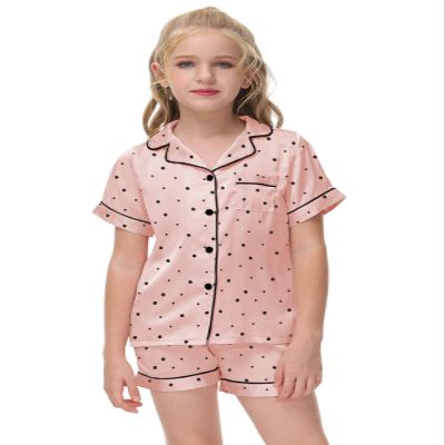 Veseacky Toddler Girls Satin Pajamas Sets Kids Silk Pjs Short Sleeve Button Down Sleepwear Soft Loungewear Set(Champagne Dots,size 4)
