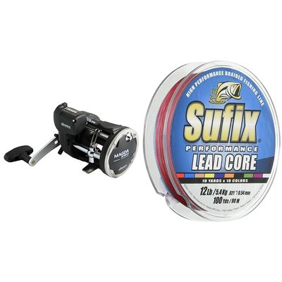 Okuma Magda Pro Line Counter Levelwind Trolling Reel, Small, Black/Silver, MA-30DX & Sufix 668-118MC Performance Lead Core Fishing Line, 18-Pound, 100-Yard Metered