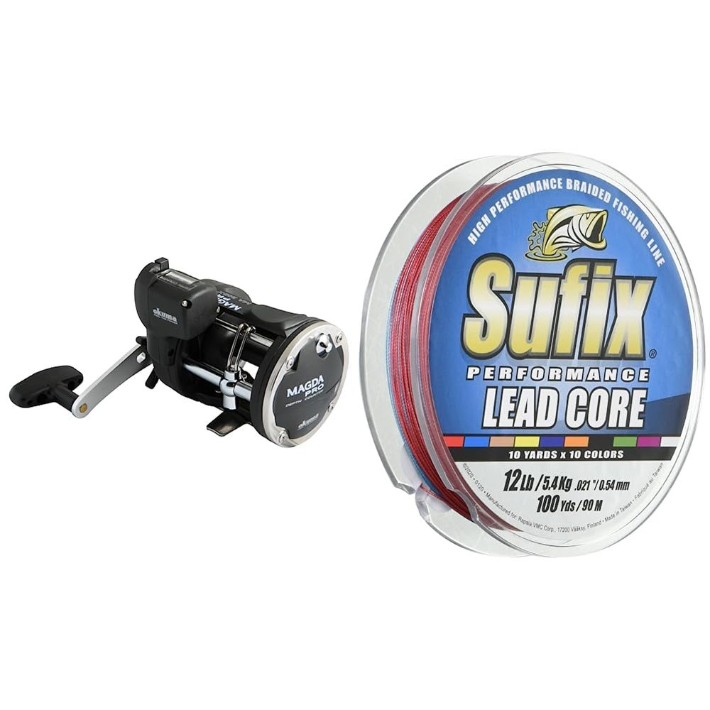 Okuma Magda Pro Line Counter Levelwind Trolling Reel, Small, Black/Silver, MA-30DX & Sufix 668-118MC Performance Lead Core Fishing Line, 18-Pound, 100-Yard Metered