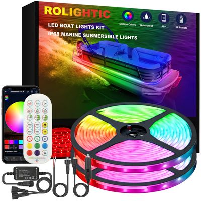 ROLiGHTiC Marine Submersible Boat LED Strip Lights, 50FT IP68 Waterproof Underwater Boat RGB Lights, Boat Deck Light, Under Boat Light for Night Fishing Pontoon Boats, RF/APP Control