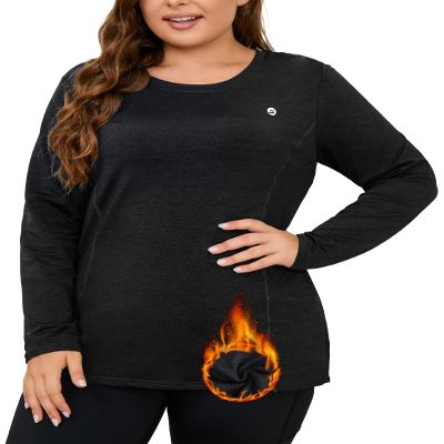 FOREYOND Plus Size Fleece Thermal Underwear for Women Long Sleeve Workout Tops Athletic Shirt with Zipper Pocket