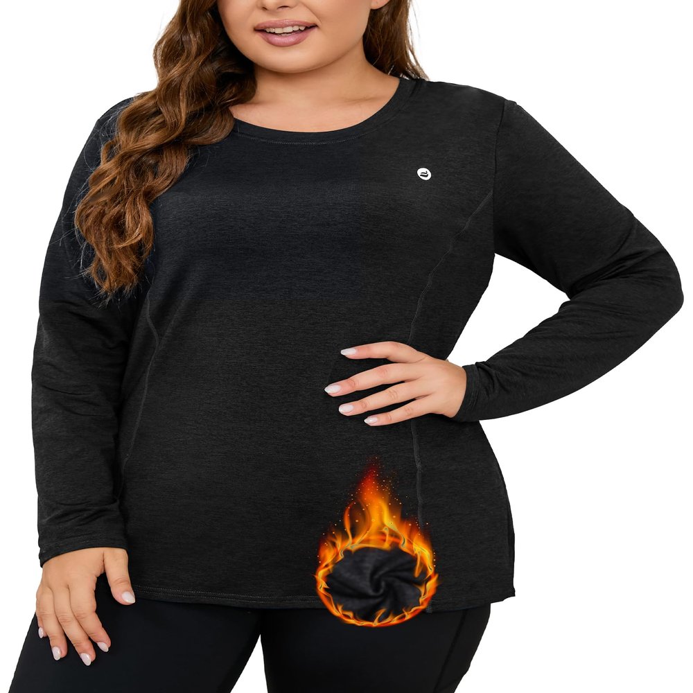 FOREYOND Plus Size Fleece Thermal Underwear for Women Long Sleeve Workout Tops Athletic Shirt with Zipper Pocket
