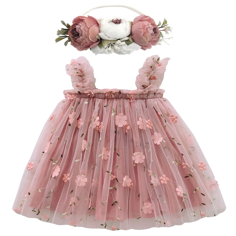 BGFKS Layered Tulle Tutu Dress for Toddler Girls,Baby Girl Rainbow Tutu Princess Skirt Set with Flower Headband.(Flower Dusty Rose,2T)