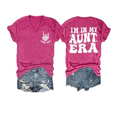 Aunt Era Shirt in My Aunt Era Tshirts Aunt Era Tshirt Casual Tshirts Funny Auntie V Neck Fun Letter Print T-Shirt Plus Size 2XL Pink