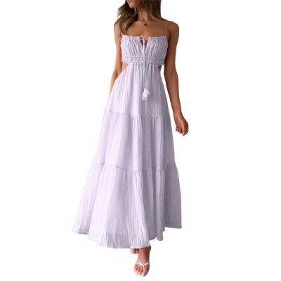 IMISSILLEB Women's Flowy Swing Dress Spaghetti Strap Cutout Backless A Line Maxi Dress Sexy Party Cocktail Ruffle Hem Dresses (B-Purple, M)