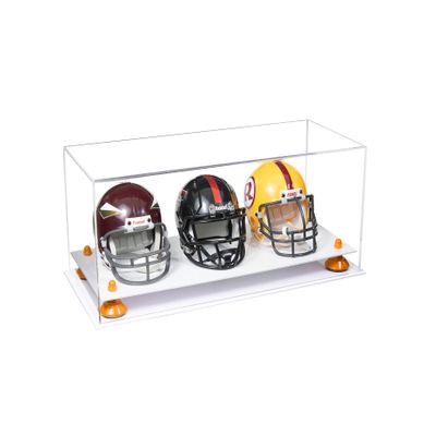 Better Display Cases Acrylic Three Mini - Miniature Football Helmets (not Full Size) Display Case with Clear Case, Orange Risers and White Base 19.25" x 8.25" x 8" (V47/A103)