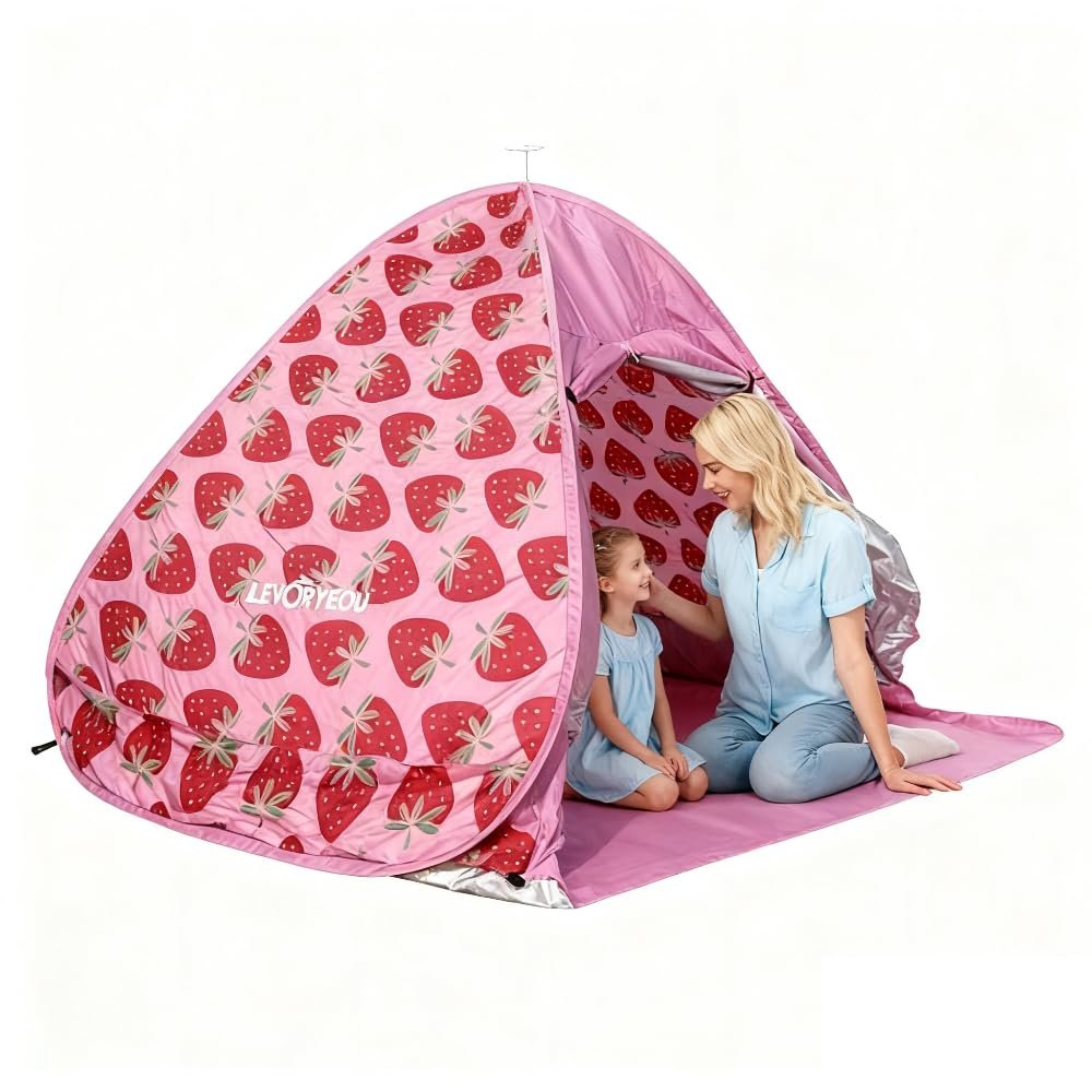 Large Automatic Instant Pop Up Beach Shade Sun Shelter Portable Baby Canopy Cabana Anti UV Beach Umbrella with Carry Bag Fit for 3-4 Person (Pink)