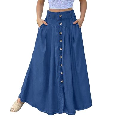 YOLAI Women's Casual Loose Solid Color Skirt A Line High Waist Skirt with Pocket Buttons Maxi Skirt (Blue, L)