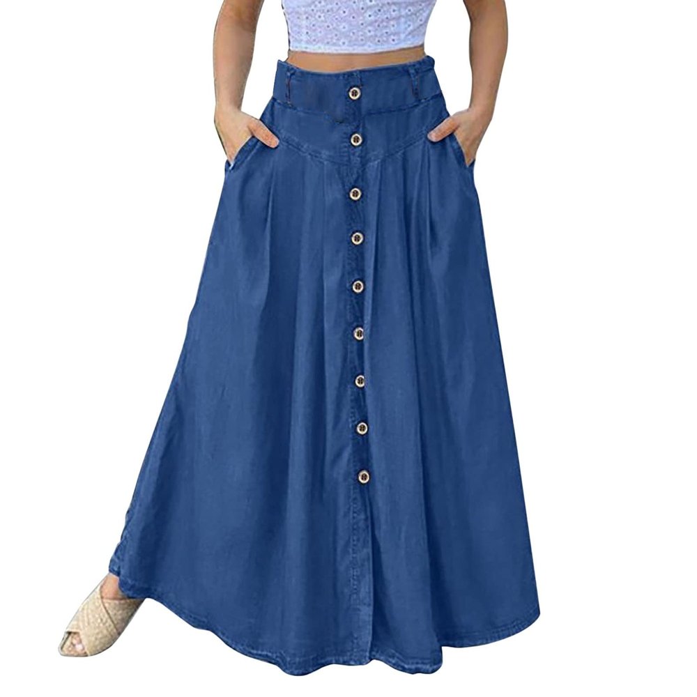 YOLAI Women's Casual Loose Solid Color Skirt A Line High Waist Skirt with Pocket Buttons Maxi Skirt (Blue, L)