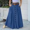 YOLAI Women's Casual Loose Solid Color Skirt A Line High Waist Skirt with Pocket Buttons Maxi Skirt (Blue, L) view 2