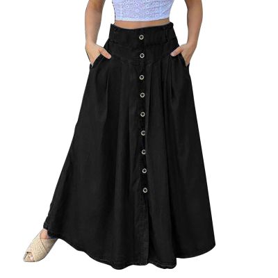 YOLAI Women's Casual Loose Solid Color Skirt A Line High Waist Skirt with Pocket Buttons Maxi Skirt (Black, M)