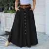 YOLAI Women's Casual Loose Solid Color Skirt A Line High Waist Skirt with Pocket Buttons Maxi Skirt (Black, M) view 2