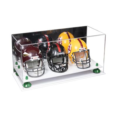 Better Display Cases Acrylic Three Mini - Miniature Football Helmets (not Full Size) Display Case with Mirror Case, Green Risers and White Base 19.25" x 8.25" x 8" (V47/A103)