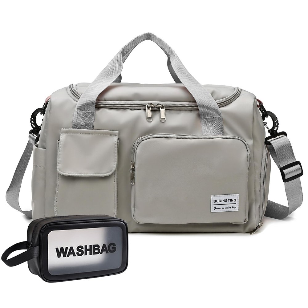 Grey Gym Bag for Women, Waterproof Travel Duffle Bag Carry On Weekender Bag with Shoe Compartment & Wet Pocket, Gym Tote Bag for Travel, Workout, Sport