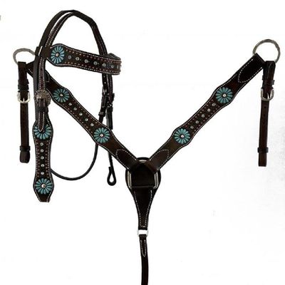 Western Saddle Horse Headstall Bridle Breast Collar Reins Tack Set Leather Floral Tooled Handmade Breastplate ME-HBC-125C Cob Size