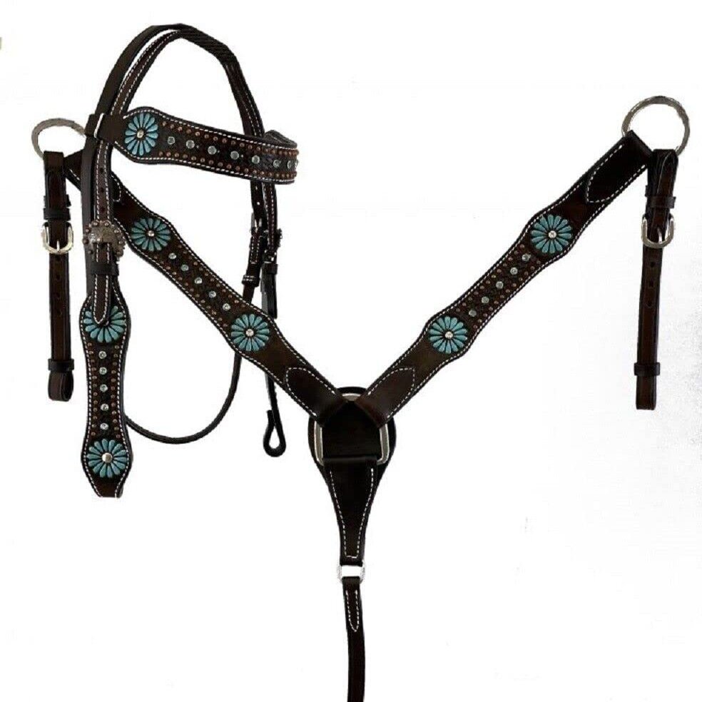 Western Saddle Horse Headstall Bridle Breast Collar Reins Tack Set Leather Floral Tooled Handmade Breastplate ME-HBC-125C Cob Size