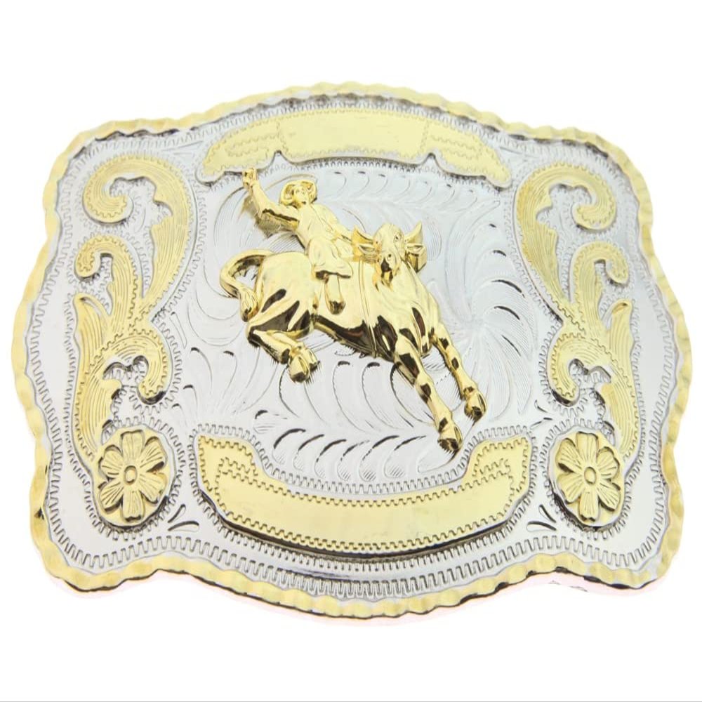 WMG Bull Rider Cowboy Rodeo Western Large Gold Tone Cowboy Riding Bull Unisex Fashion Belt Buckle