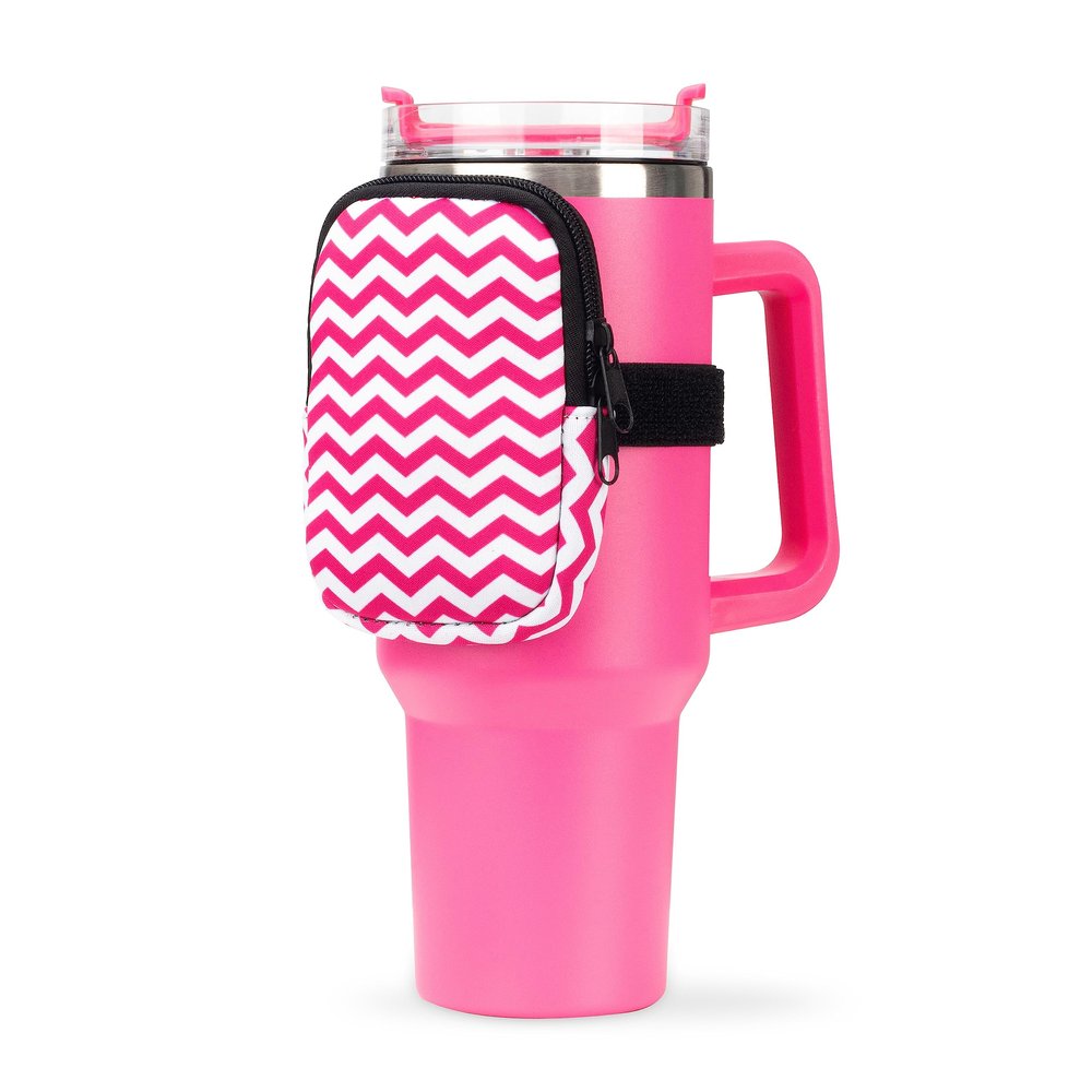 Water Cup Bottle Pouch Accessory | Compatible with Stanley Tumbler| Great for Workouts, Gym, Running, Walking, Sports| Keeps Cards, Keys, and Earphones Safe| Fun and Cute Designs (Pink Chevron)