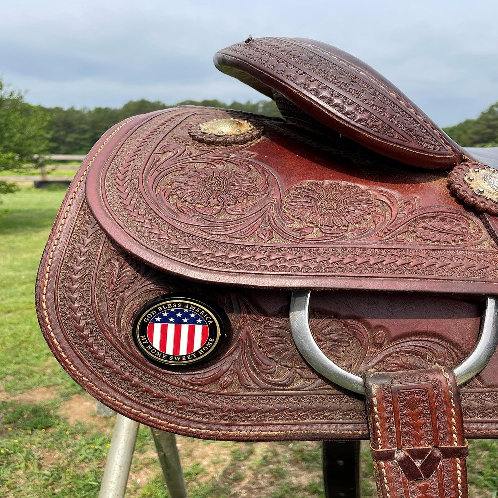 MotorDog69 Western Horse Saddle Concho Mount with American Flag Medallion, Fits Any Saddle, Leather, Saddle Accessorie