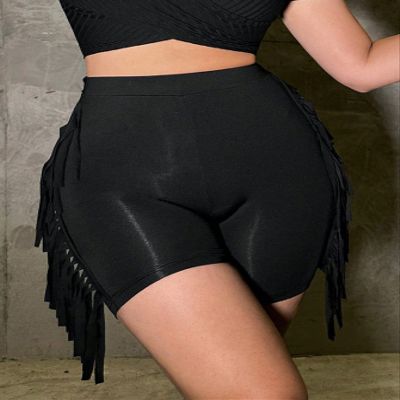 AKIOLOAS Women's Shorts Fringe Trim Biker Shorts Women's Shorts Shorts for Women (Color : Black, Size : Small)