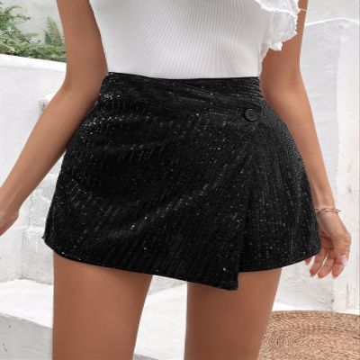 AKIOLOAS Women's Shorts High Waist Wrap Hem Sequin Skort Women's Shorts Shorts for Women (Color : Black, Size : Small)