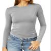 Abardsion Women's Long Sleeve Shirts Spring 2026 Casual Basic Going Out Crop Tops Slim Fit Tight Y2K Clothes(Light Grey, 2XL) view 1
