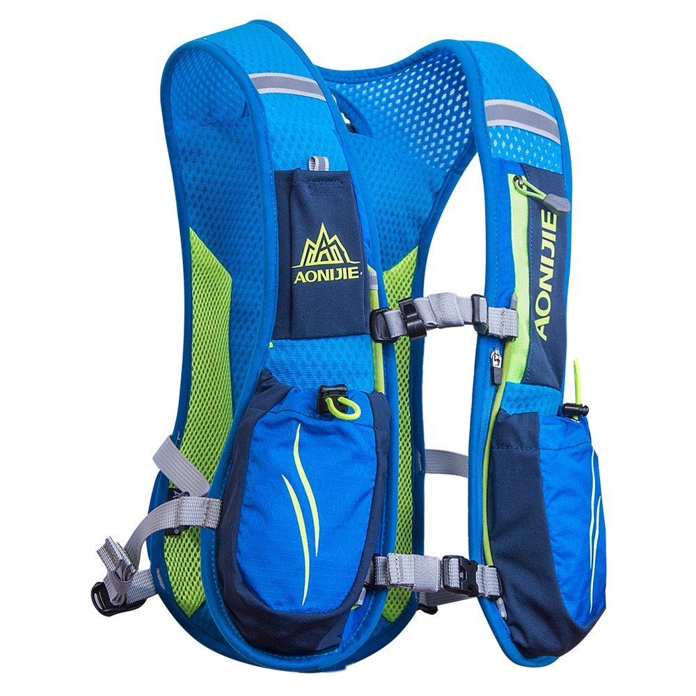 AONIJIE 5.5L Running Hydration Vest Pack with 6 Safety Pockets Adjustable & Lightweight Hydration Backpack for Marathon Race Hiking Cycling (Blue)
