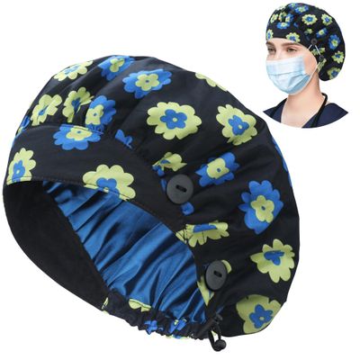 ABAMERICA Bouffant Caps with Button and Sweatband, Adjustable Scrub Caps for Women Men, Satin Layer