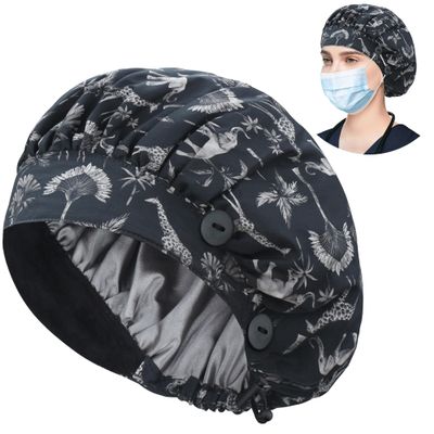 ABAMERICA Bouffant Caps with Button and Sweatband, Adjustable Scrub Caps for Women Men, Satin Layer