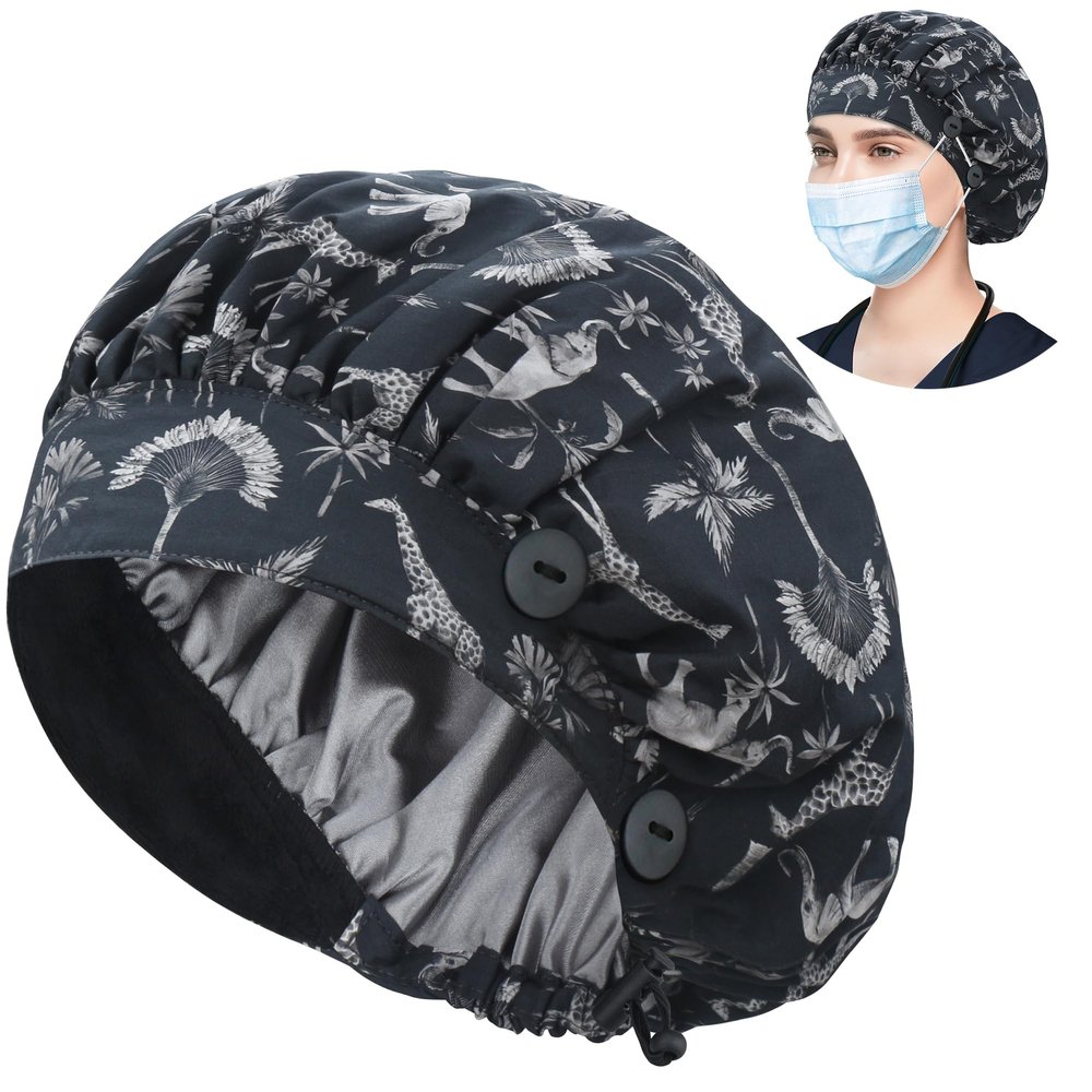 ABAMERICA Bouffant Caps with Button and Sweatband, Adjustable Scrub Caps for Women Men, Satin Layer