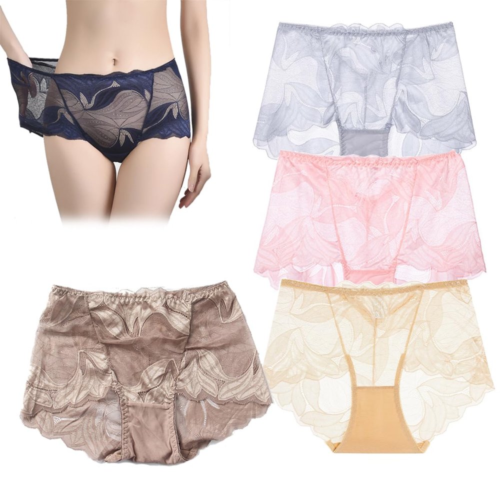 4 Pcs Ladies Silk Lace Handmade Underwear Pack, Ladies Silk Lace Handmade Panties, Sexy Underwear for Women (US, Alpha, Medium, Regular, Regular, #2)