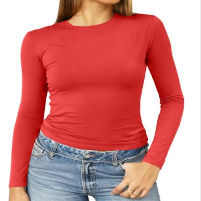 Abardsion Women's Long Sleeve Shirts Spring 2026 Casual Basic Going Out Crop Tops Slim Fit Tight Y2K Clothes(Big Red, S)