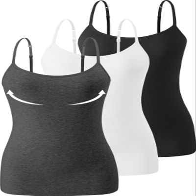 Accbiety 3 Pack Womens Camisole with Built in Bra Adjustable Strap Tank Tops for Women Cami Shelf Bra Cotton Undershirt Black White Darkgray M