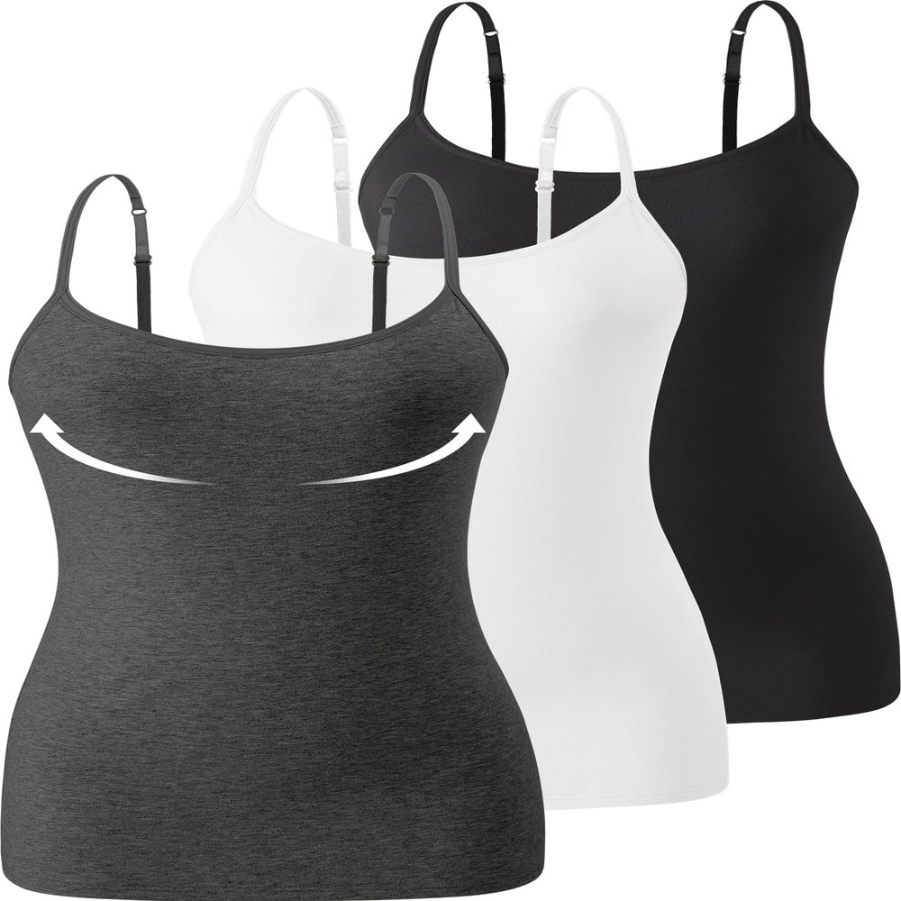 Accbiety 3 Pack Womens Camisole with Built in Bra Adjustable Strap Tank Tops for Women Cami Shelf Bra Cotton Undershirt Black White Darkgray M