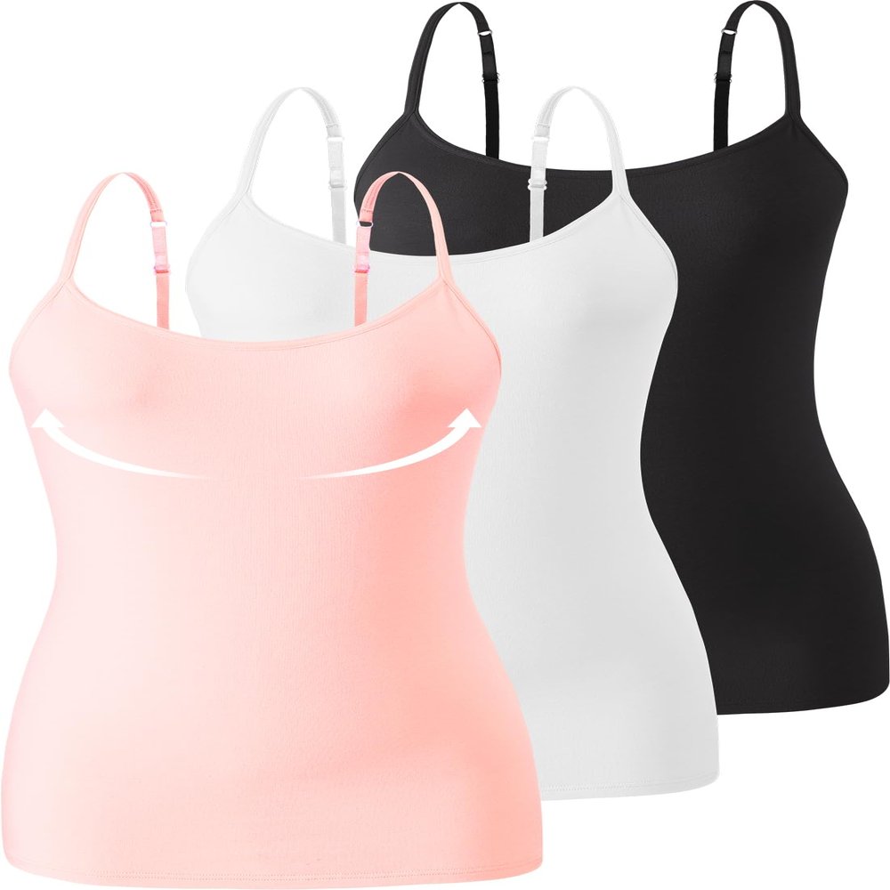 Accbiety 3 Pack Womens Camisole with Built in Bra Adjustable Strap Tank Tops for Women Cami Shelf Bra Cotton Undershirt Black White Pink S