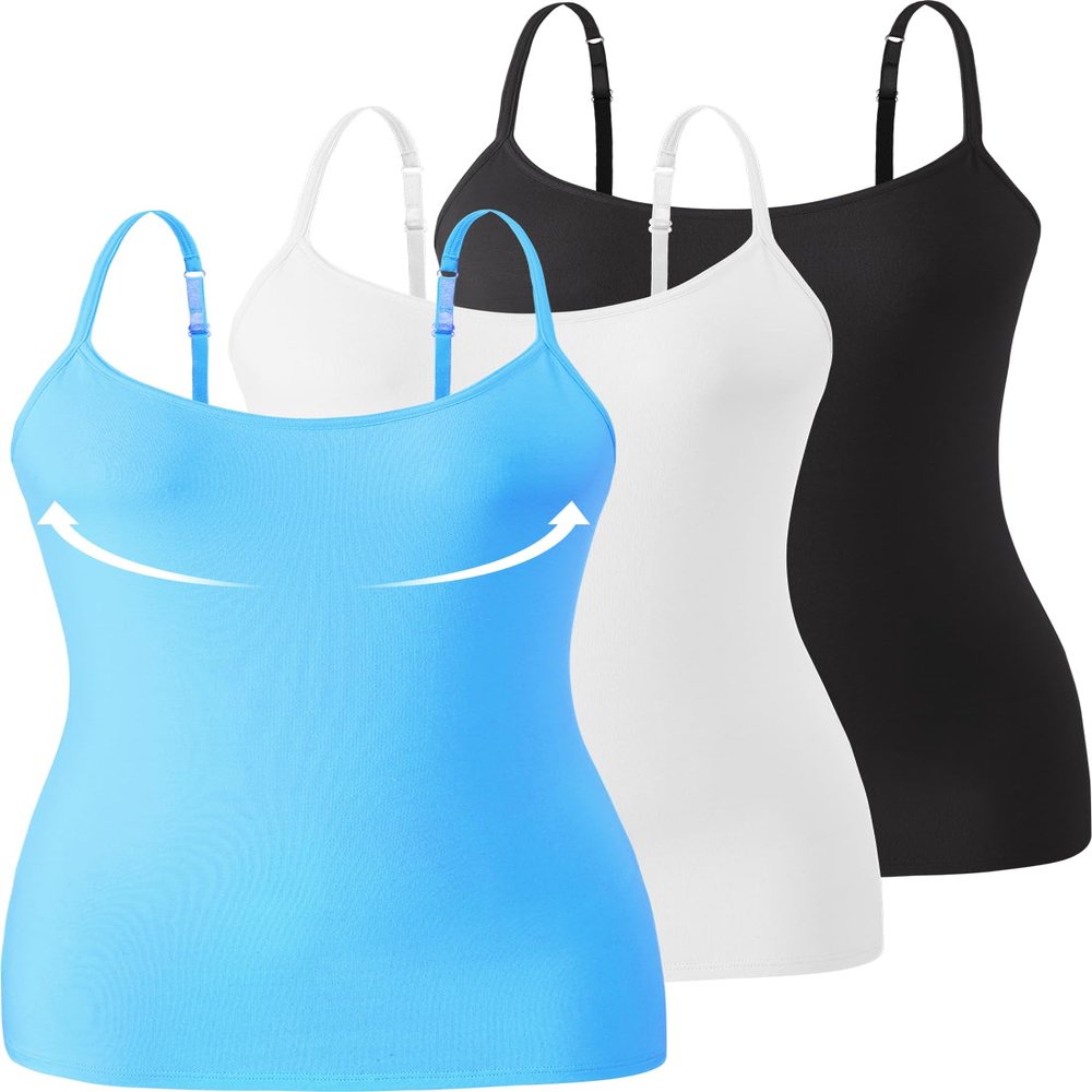 Accbiety 3 Pack Womens Camisole with Built in Bra Adjustable Strap Tank Tops for Women Cami Shelf Bra Cotton Undershirt Black White Blue S