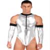 ACSUSS Mens Spaceman Role Play Costume Shiny Patent Leather Sleeveless Bodysuit Zipper Mock Neck Outfits Silver Large view 1