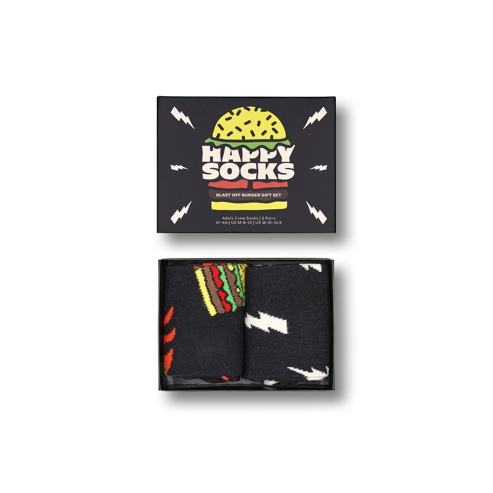 Happy Socks Foodie Design Sustainable Crew Sock Gift Box Sets- For Men and Women- Burger, Ice Cream, Picnic (US, Alpha, Small, Medium, Regular, Regular, 2-Pack Blast Off Burger Socks Gift Set)