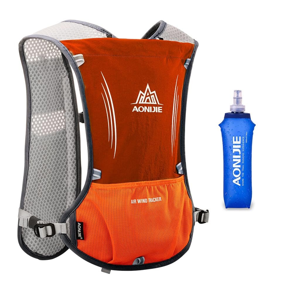 AONIJIE 5L Running Hydration Vest Pack with 500ml Soft Flask Adjustable & Lightweight Hydration Backpack for Marathon Race Hiking Cycling (Reddish Orange with 500ml Flask)