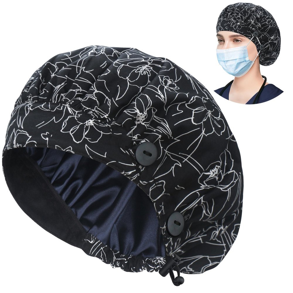 ABAMERICA Bouffant Caps with Button and Sweatband, Adjustable Scrub Caps for Women Men, Satin Layer