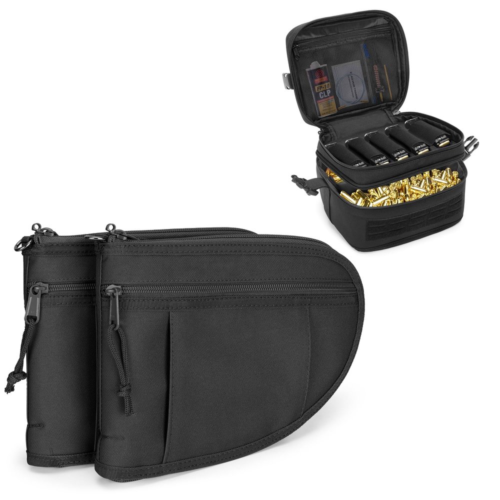 GOBUROS Padded Pistol Cases (2 Packs) with Lockable Zipper and Tactical Pistol Magazine Storage Bag with 5 Mag Slots