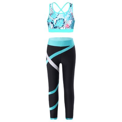 Huimingda Kids Girls Bra Crop Top Athletic Leggings Two Pieces Set Dance Sports Outfits Yoga Fitness Workout Tracksuit Leaf 8 Years
